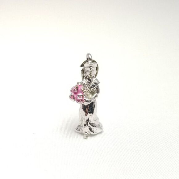 Vintage Bride with Bouquet Charm Pendant, Silver Tone Pink Enamel, Wedding - Picture 7 of 7
